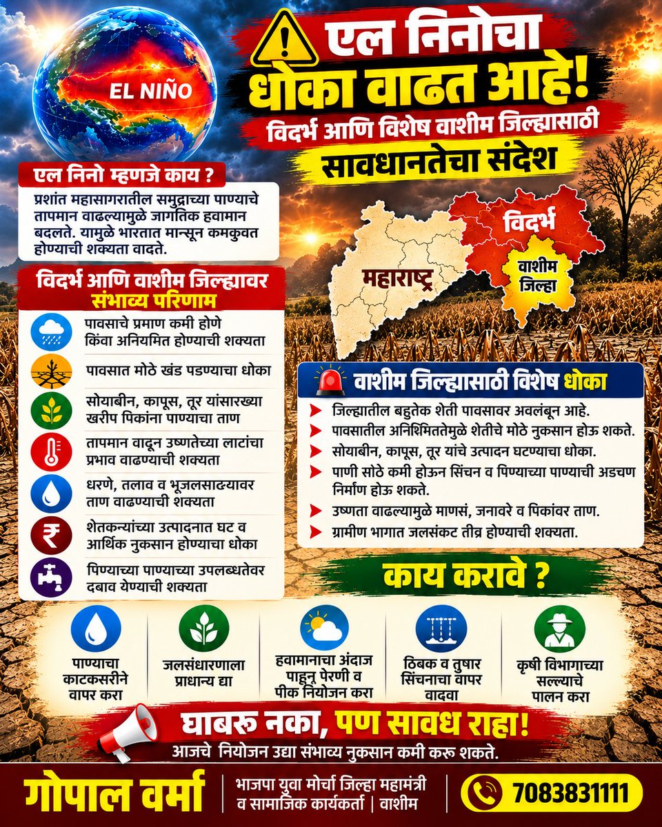 Gopalvarma07's tweet photo. ⚠️ एल निनोचा संभाव्य धोका लक्षात घेता विदर्भासह विशेषतः वाशीम जिल्ह्याने अधिक सतर्क राहणे गरजेचे आहे

💧पाणी वाचवा जलसंधारण करा आणि शेतकऱ्यांनी हवामानाचा अंदाज पाहून शेतीचे नियोजन करावे

विशेषतः वाशीम जिल्ह्यात शासन व प्रशासनाने परिस्थितीचा आढावा घेऊन आवश्यक उपाययोजना करावे..!! https://t.co/3WmlAXTOHd