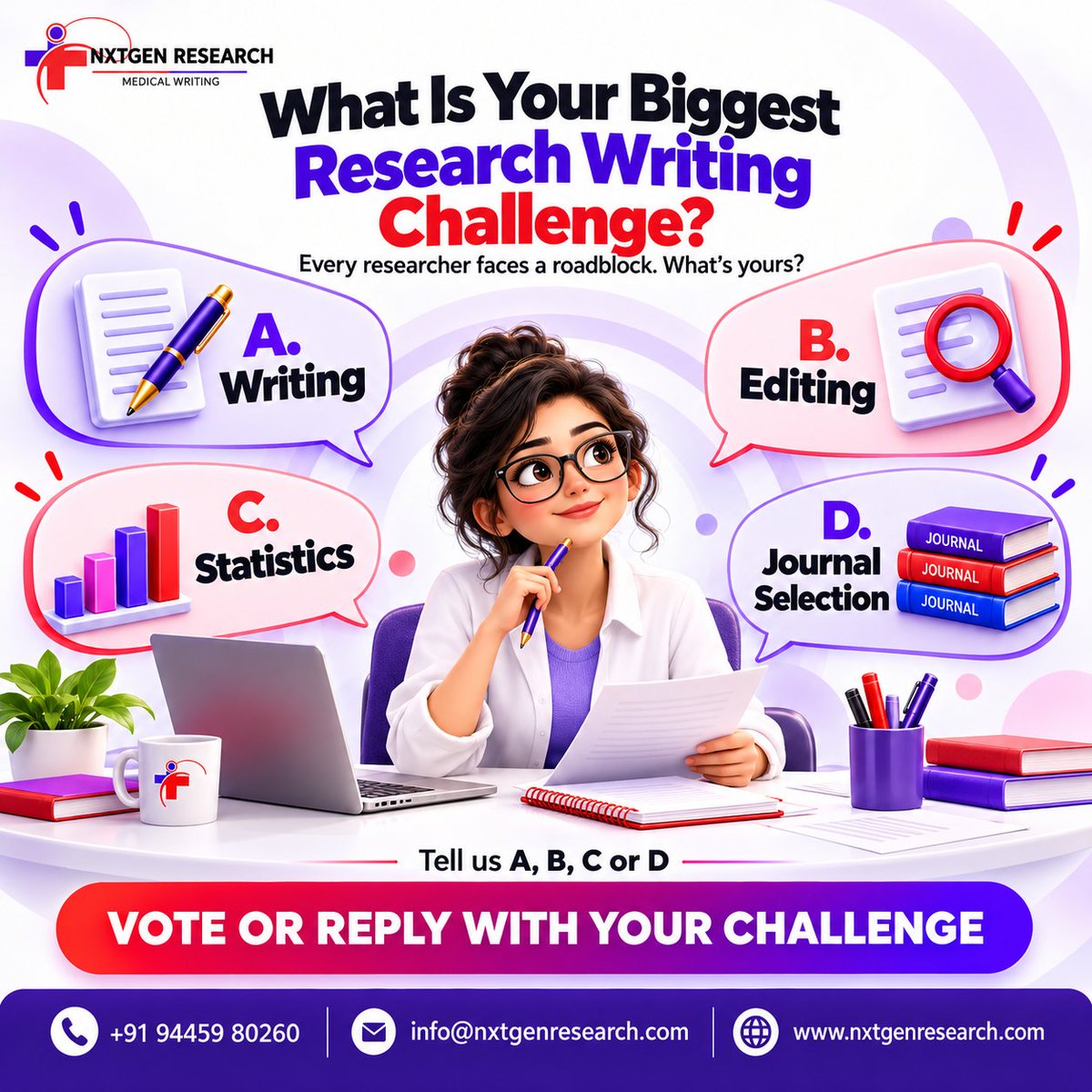 NxGenResearch's tweet photo. What’s your biggest research writing challenge? 🔍

A. Writing
B. Editing
C. Statistics
D. Journal selection
Reply A–D and tell us where you’re stuck. Let’s talk about your next step.

Contact Details:
📞 +91 94459 80260
🌐 https://t.co/XGsFToZtDt
📧 info@nxtgenresearch.com https://t.co/2XjNC8p95b