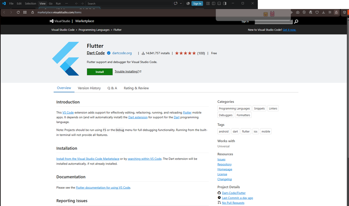 FlutterPath_'s tweet photo. Day 1 — Starting Flutter setup

Today I began setting up my Flutter development environment on Windows 11.

What I did:
• Installed Git
• Installed VS Code
• Added the Flutter extension
• Downloaded Flutter SDK 3.47.5 directly through VS Code
• Added Flutter to PATH
• Ran flutter doctor

flutter doctor showed that I still need:
• Android Studio
• Chrome

(I ignored Visual Studio — not required for mobile development)

Setup is in progress. Screenshots below.

#Flutter #100DaysOfCode #BuildInPublic