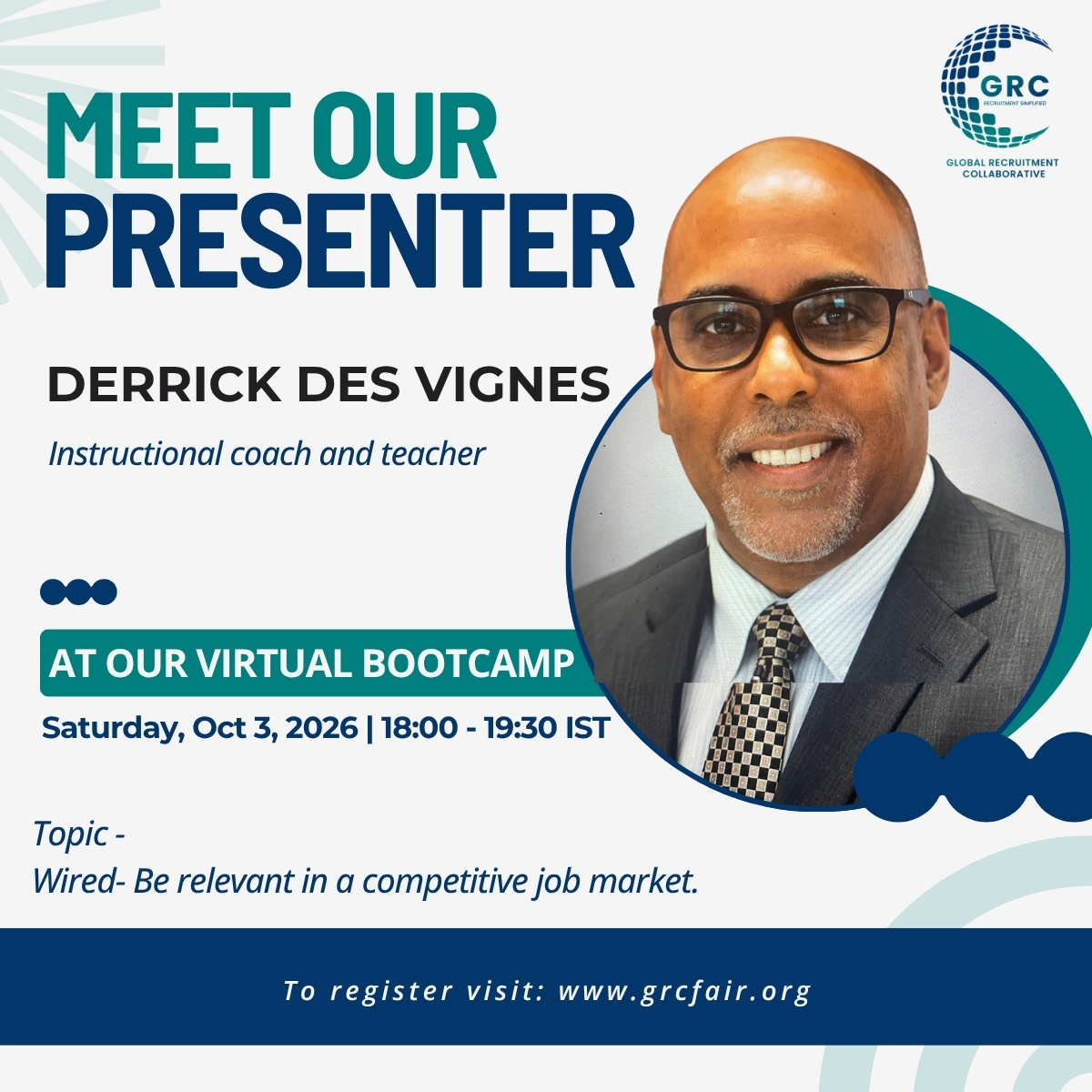 GrcFair's tweet photo. Join Derrick des Vignes, Instructional Coach and Teacher, at our FREE Virtual Candidate Bootcamp as he shares practical insights on staying relevant and making your mark in today’s international education landscape.

🔗 Register at https://t.co/kG9DJru76L https://t.co/UoJQqOdb0q