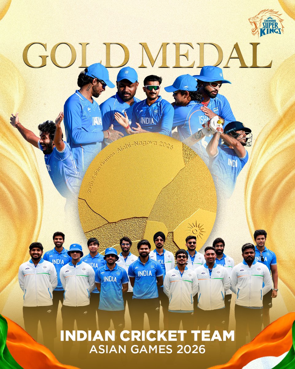 ChennaiIPL's tweet photo. GOLD in 2023! 🥇
GOLD once again in 2026! 🥇

Adding another GOLD to the collection, in style! 🇮🇳

#WhistlePodu #AsianGames https://t.co/IyWjkr3f5g
