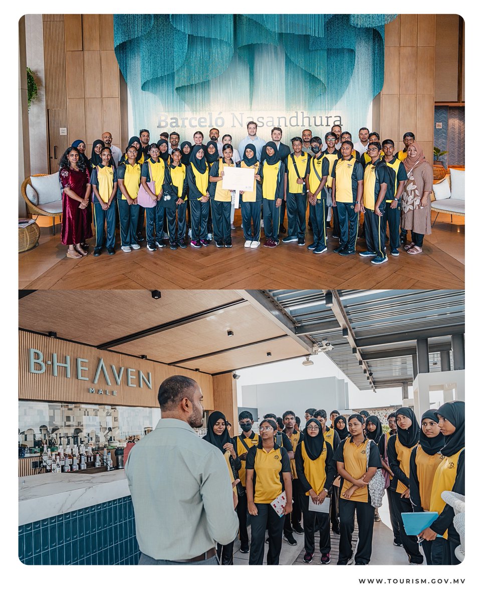 MoTmv's tweet photo. Students from Thaajuddeen School visited @barcelonmmv for an immersive look into tourism careers on the occasion of World Tourism Day 2026. Through sessions with teams from Front Office, Housekeeping, Engineering, F&B, and Culinary, plus an interactive Q&A, they explored the diverse roles driving exceptional guest experiences in the Maldives. #WorldTourismDay2026 #Resortexposuretrips2026