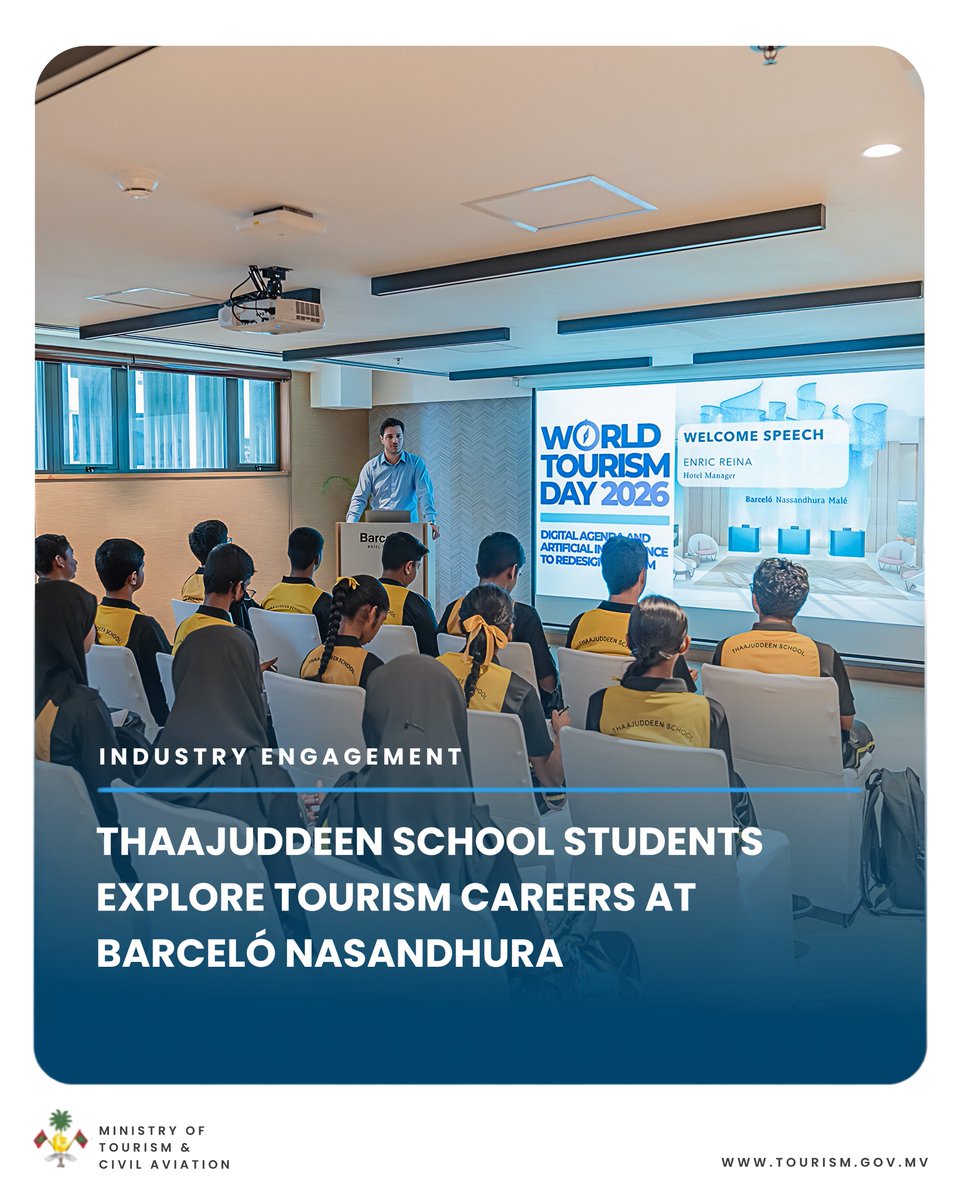 MoTmv's tweet photo. Students from Thaajuddeen School visited @barcelonmmv for an immersive look into tourism careers on the occasion of World Tourism Day 2026. Through sessions with teams from Front Office, Housekeeping, Engineering, F&B, and Culinary, plus an interactive Q&A, they explored the diverse roles driving exceptional guest experiences in the Maldives. #WorldTourismDay2026 #Resortexposuretrips2026