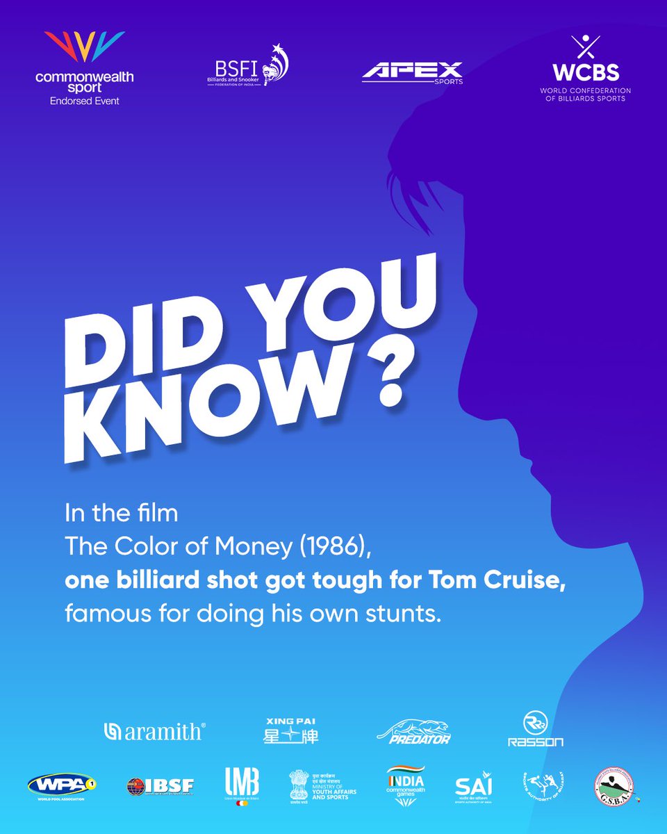 commonwealthcue's tweet photo. Tom Cruise did his own stunts, but one shot in The Color of Money was so tough, pro pool player Mike Sigel took the cue. 🎱

That’s the precision pool demands.

Watch the pros in action at the Commonwealth Cue Sports Championships 2026!

📅 7–10 Oct | 📍 Ahmedabad https://t.co/5z4pSprcWD