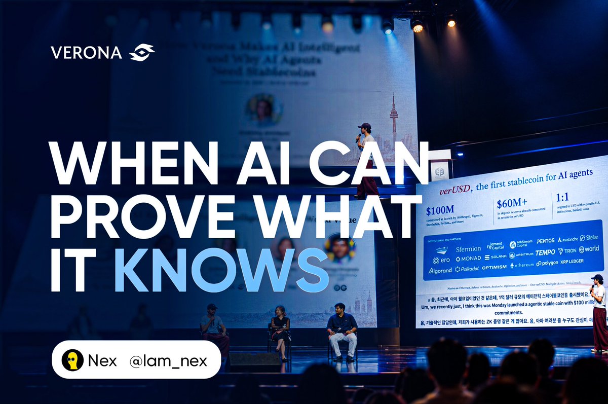 Iam_nex's tweet photo. There’s something I noticed after going through everything @verona_dev did at KBW, and honestly, it wasn’t the stage appearances that caught my attention most.

It was how every conversation kept coming back to one thing: AI can’t really do much in the real world if it can’t prove that what it knows is true.

Anthony explained this during his keynote at the @GoKiteAI event, where he broke down Verona as an intelligence layer for AI and why verified information matters when agents are expected to actually make decisions.

Think about an AI agent trying to get access to a loan, handle a prescription, or make a payment. Knowing something isn’t enough. It needs a way to prove it without having access to all your raw personal data.

That’s where @verona_dev comes in. It gives agents access to verified facts while keeping the underlying information protected, making it possible for AI to act on real-world data without simply exposing everything behind that data.

Then there’s verUSD, the stablecoin launched this week. Because even if an agent can understand verified information, it still needs a way to actually pay, transact and move value.

That’s why the connection between @verona_dev and verUSD is interesting. One gives AI the intelligence and verified information it needs, while the other gives that intelligence a dollar-based way to act.

And the team took that idea beyond presentations too. At Lotte World, Verona showed up on the big screen, Anthony joined the Magicore event, and the Verona ring toss kept people around the booth while the team ran games and a raffle.

Meanwhile, the @verona_dev booth at KBW was busy from the start, with the gacha machine running throughout the day and people lining up to take part.

Even the panel around “The AI Economy, from intelligence to the real world” came back to the same bigger picture: AI becomes much more useful when it can interact with real-world data without needing to see everything behind it.

So when I look at everything they did around KBW, I don’t see just another event appearance. I see a team taking the same idea from the keynote, to a panel, to a theme park, to the booth, and showing people what it can actually look like outside a slide deck.

There’s a lot happening around @verona_dev that you might miss if you only look at the announcements. Take a little time to see what they’re actually building behind the scenes.

RT this so someone else can see the bigger picture too.