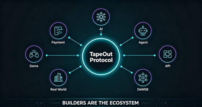 A "TapeOut Protocol" ecosystem diagram displays interconnected nodes—AI, Agent, API, DeWEB, Real World, Game, and Payment—radiating from a central hub, with the tagline "BUILDERS ARE THE ECOSYSTEM" at the bottom. The image visually reinforces the post's message of hard work and accelerating the future by showcasing the expanding, builder-centric ecosystem driving the project forward.
