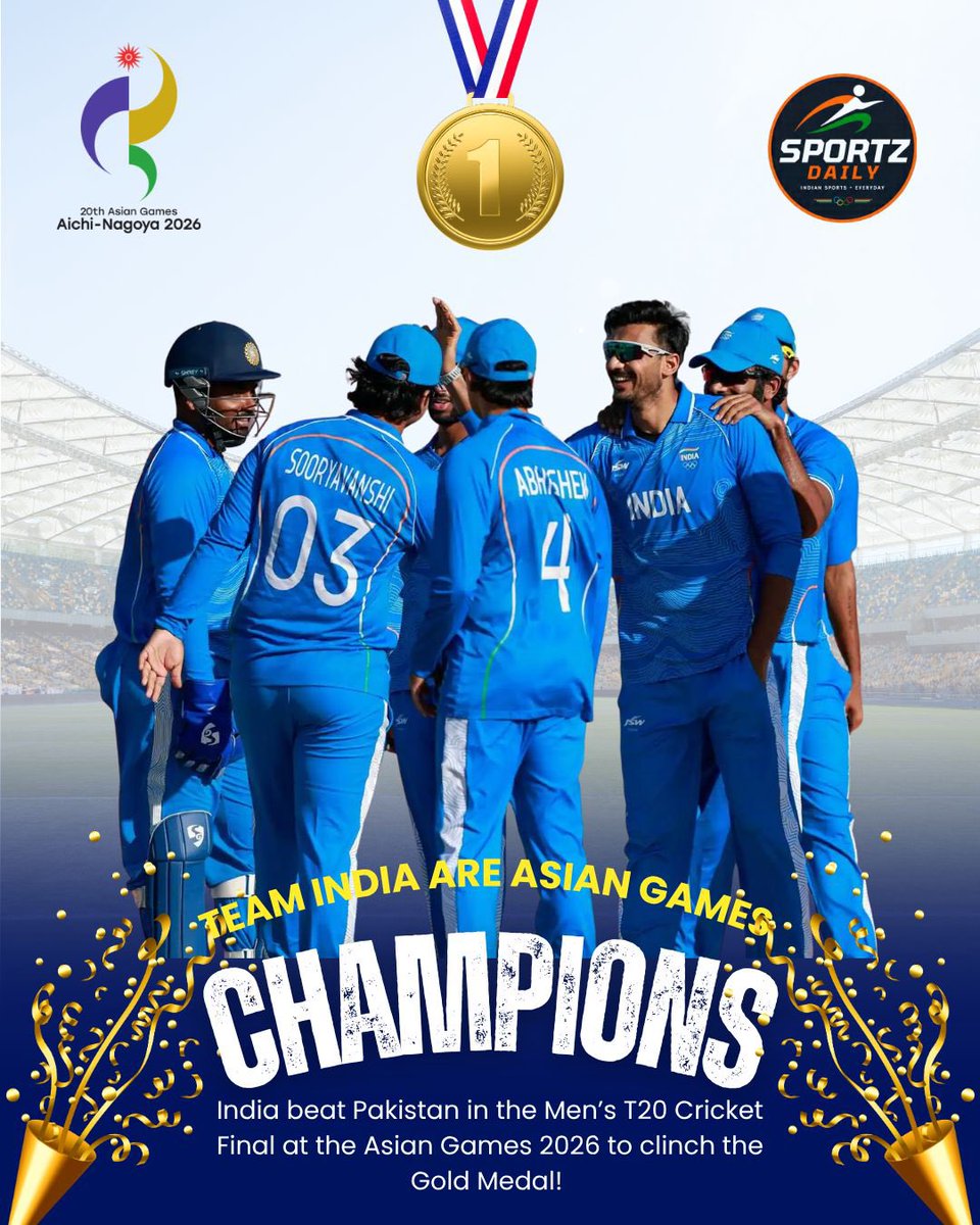 SportzDaily_IN's tweet photo. GOLD FOR INDIA IN CRICKET! 

TEAM INDIA ARE ASIAN GAMES CHAMPIONS! 

India beat Pakistan in the Men’s T20 Cricket Final at the Asian Games 2026 to clinch the Gold Medal! 

Gold Medal Match
India vs Pakistan 
INDIA — GOLD

#AsianGames2026 #TeamIndia #IndianCricket #INDvsPAK https://t.co/tCdmxIqhya