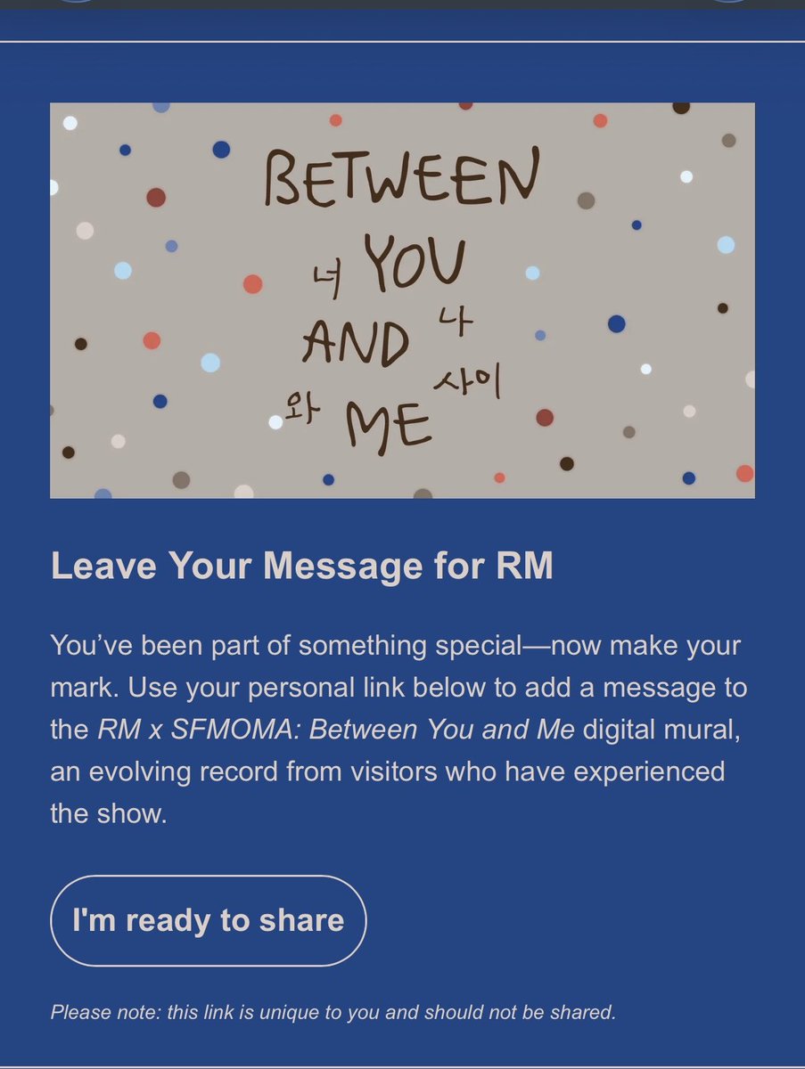 NamjoonRussia's tweet photo. Все посетителям выставки RM x SFMOMA “Between You and Me” на электронную почту приходит форма для отзыва в виде уникальной ссылки 💬
🔜 Создание интерактивной стены отзывов выставки ⚡️
Cr @s_hobiuary
CURATED BY RM
#RMxSFMOMA
#ArtThatStaysWithYou
#방탄소년단RM #rmaint https://t.co/Ro83iZeAHP