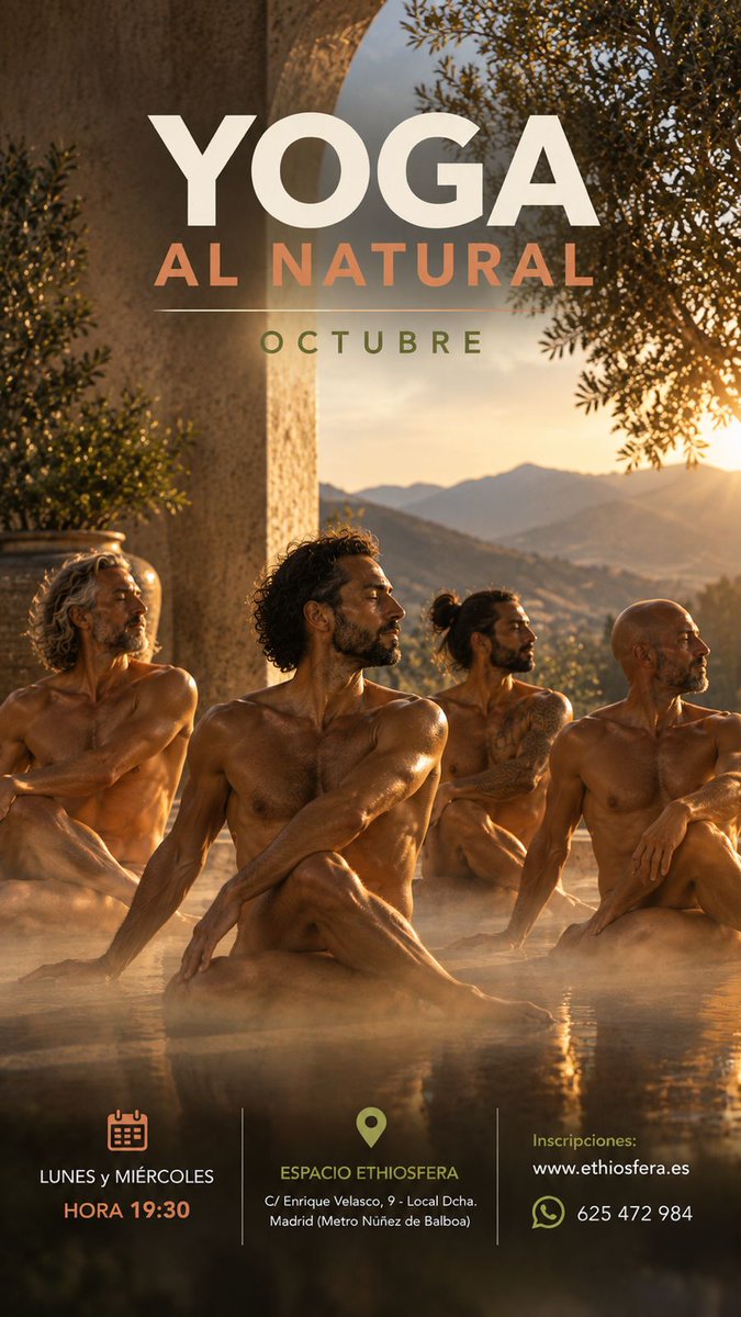 EthioTantraMen's tweet photo. 🌿 **Desnúdate de lo que sobra.**

Nude Yoga para hombres.
Respirar. Sentir. Soltar. Habitar el cuerpo.

Una práctica naturista con presencia y dimensión interior. ✨

🧘‍♂️ Lunes y miércoles · 19:30
📍 Madrid · Ethiosfera

📲 +34 625 472 984
👉 https://t.co/6kIXyoGoBP https://t.co/q8x3NsoyeE