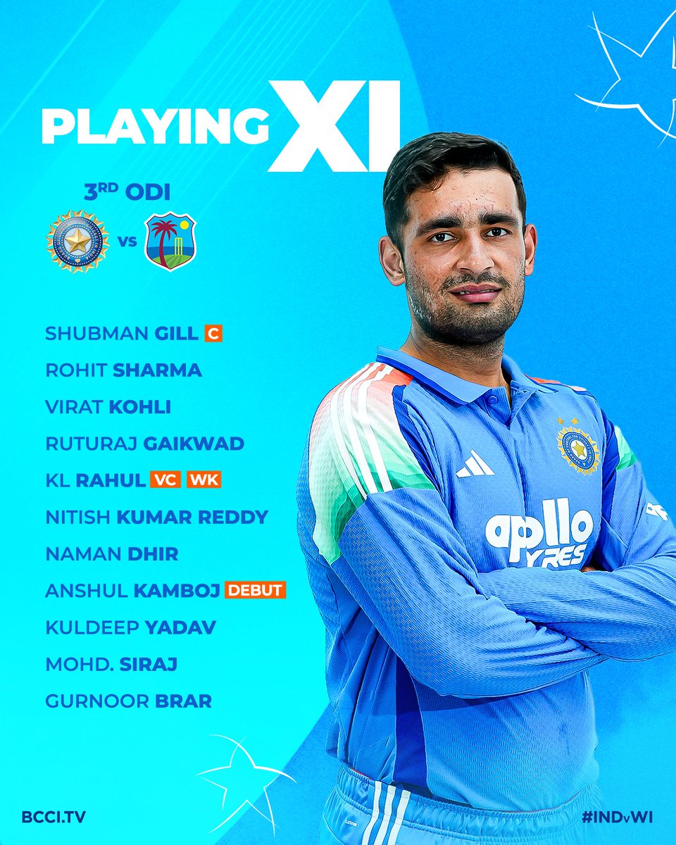 BCCI's tweet photo. Here's a look at #TeamIndia's Playing XI for the 3️⃣rd and final ODI 🙌

Anshul Kamboj is set for his ODI debut 👏

Updates ▶️ https://t.co/PhSJSbvW7C

#INDvWI | @mflone_ https://t.co/I01gKy0f7r