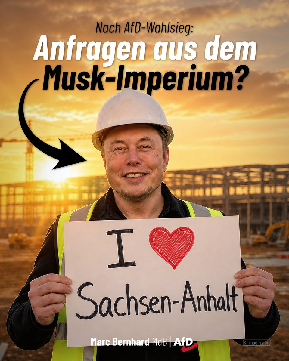 MarcBernhardAfD's tweet photo. Arbeitgeberpräsident berichtet: Musk-Firmen sollen in Sachsen-Anhalt angefragt haben

Kaum hat die AfD die Landtagswahl in Sachsen-Anhalt mit 43,8% klar gewonnen, klopfen offenbar die ersten Investoren an. Marco Langhof, Präsident der Arbeitgeber- und Wirtschaftsverbände des Landes, verrät im Podcast der Mitteldeutschen Zeitung, es gebe Anfragen von Firmen von @elonmusk für Sachsen-Anhalt. Die Informationen stammten ausdrücklich nicht aus dem Umfeld der AfD.

Passend zum Tag der Deutschen Einheit richtet sich der Blick damit wieder nach Osten. Musks Unternehmen Tesla betreibt in Brandenburg bereits eine Fabrik, nun wird über mögliche Ansiedlungen in Sachsen-Anhalt spekuliert. Nach der Landtagswahl gratulierte Elon Musk der AfD auf X: „Gut gemacht!“. Spitzenkandidat @UlrichSiegmund bedankte sich und bot eine Zusammenarbeit an für den Fall einer Regierungsübernahme: „Deutschland wäre wieder ein Ort, der sich lohnt, um zu investieren.“

Wo Politik Unternehmen willkommen heißt, statt sie mit Bürokratie, Klimawahn und Energiewende-Wahnsinn zu vertreiben, entstehen Perspektiven. Sachsen-Anhalt hätte mit einer AfD-Regierung jetzt die Chance auf einen echten Neuanfang.