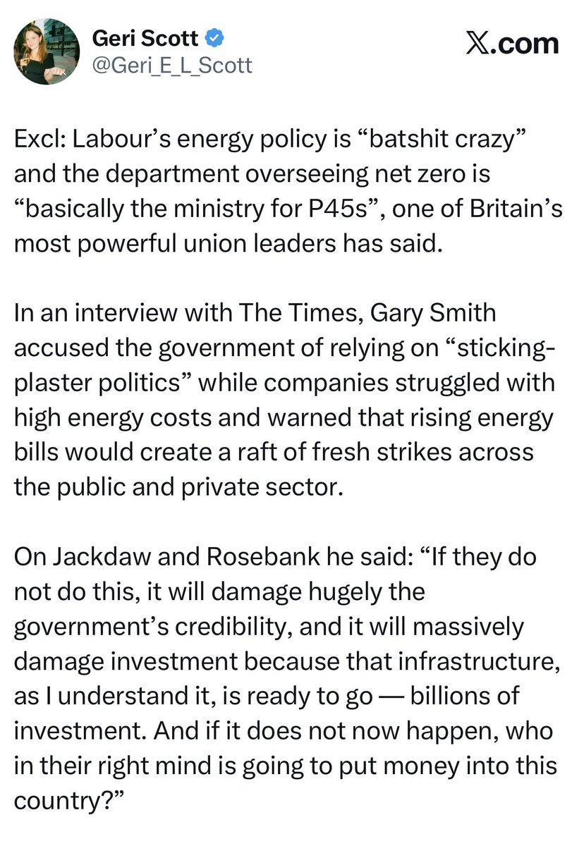 Jamesburchett14's tweet photo. @Bullshitexpose @reformparty_uk Even the Unions are saying that Labour's energy policy is "batshit crazy". 

The uni-party has overseen the mass destruction of the British industrial base through policy that has resulted in the highest electricity costs in the world. 

But yeah keep bleating on about Farage. https://t.co/wW1p97PL5h