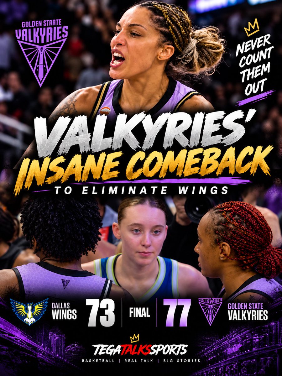 TegaTalksSports's tweet photo. WHAT. A. COMEBACK. 😮‍💨🔥

The Valkyries survive and advance, eliminating Dallas 77–73. Next up: A’ja Wilson and the Aces. 👀♠️

#WNBAPlayoffs #Valkyries #wings #WNBA #TegaTalksSports https://t.co/Iip4SoIb88