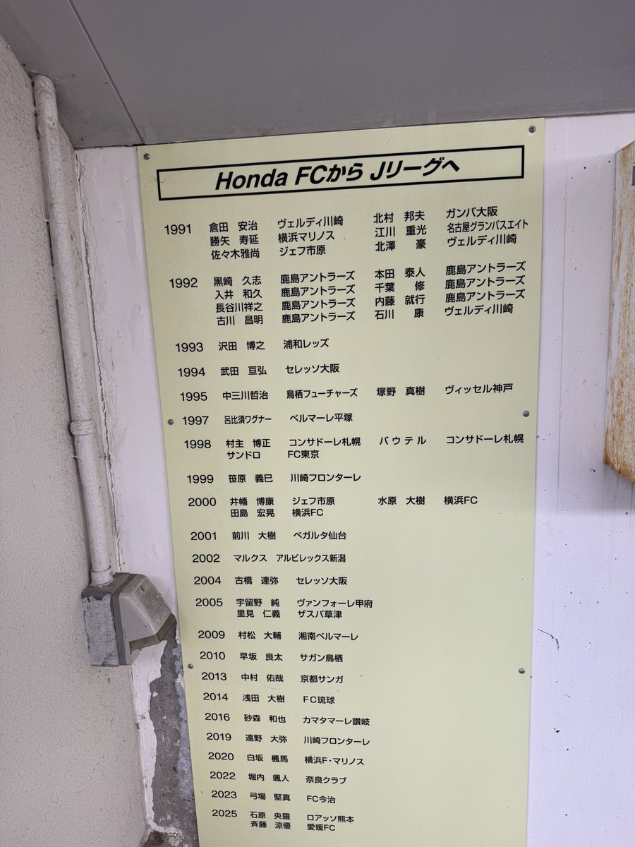 Shunpei1222's tweet photo. Honda FCからJリーガーになった選手もこのように掲示するところに、社会人最強クラブとしての矜持を感じます。
#HondaFC https://t.co/Epp3zALful