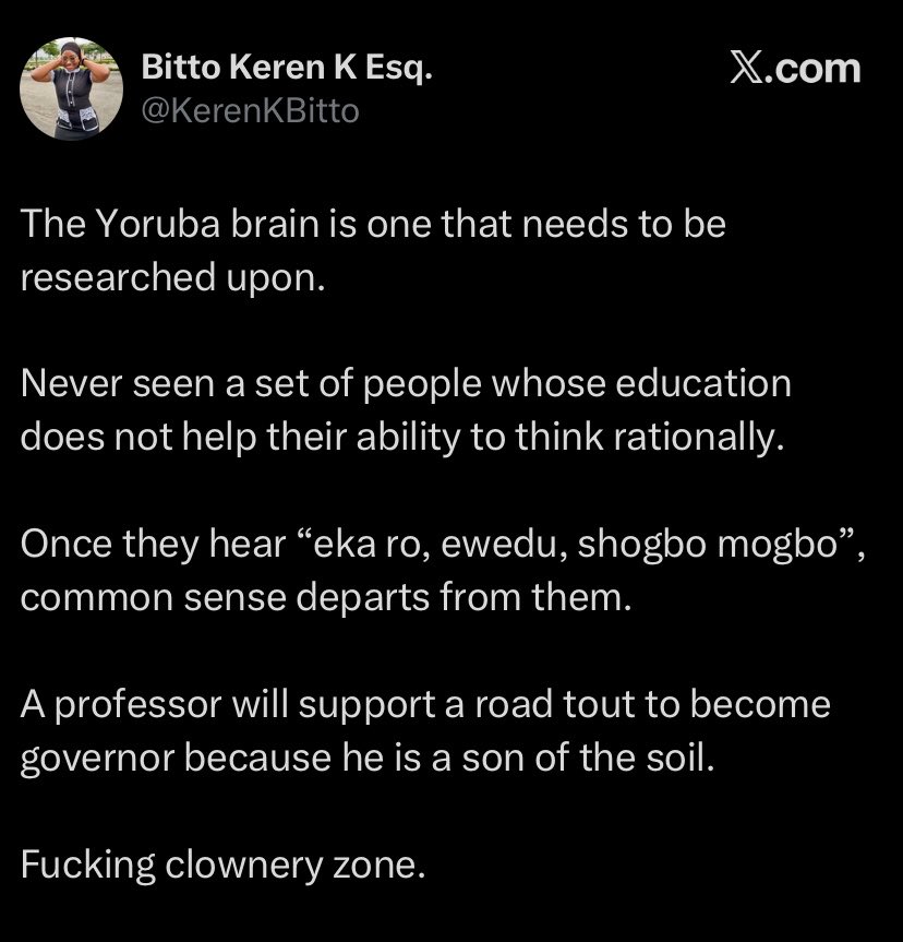 josh_olonade's tweet photo. “Why are young people so tribalistic?
It is mind blowing”😅

The worm self diagnoses, I wonder what senile minds were responsible for your upbringing, cos tbh, I thought no Parent taught their kids to hate Yorubas. 

If these are the dudes who so badly want GRV as Governor, I can only be glad that they won’t get what they want.