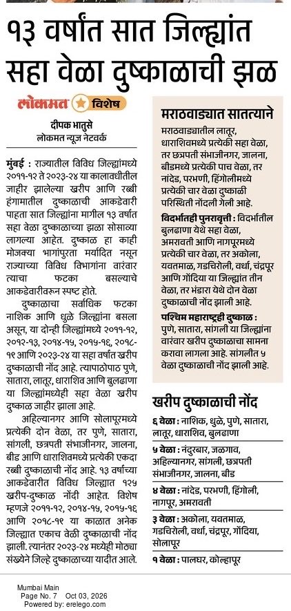 deepakbhatuse's tweet photo. दुष्काळाची ही आकडेवारी चिंताजनक परिस्थिती दर्शवते. नाशिक, धुळेपासून मराठवाडा आणि विदर्भापर्यंत अनेक जिल्ह्यांना वारंवार दुष्काळाचा सामना करावा लागला आहे.
दुष्काळावर कायमस्वरूपी उपाययोजनांची गरज अधोरेखित करणारी आकडेवारी. 💧🌾
#दुष्काळ #महाराष्ट्र #जलसंकट #शेतकरी #Lokmat @lokmat https://t.co/bFO0iKNVRv
