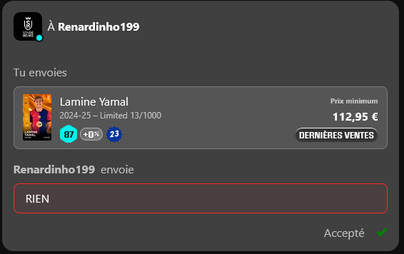 packfeverTCG's tweet photo. 🚨 HERE WE GO! 🚨

ANOTHER claim live on Packfever
Packfever → Sorare ✅

Sdr199 pulled Lamine Yamal (FC Barcelona 🇪🇸) T0 Classic in-game
→ real Sorare card now delivered to the player's wallet 🔵🔴

The bridge works.

Done deal.

#Sorare #Packfever https://t.co/wM2jHrI9nz