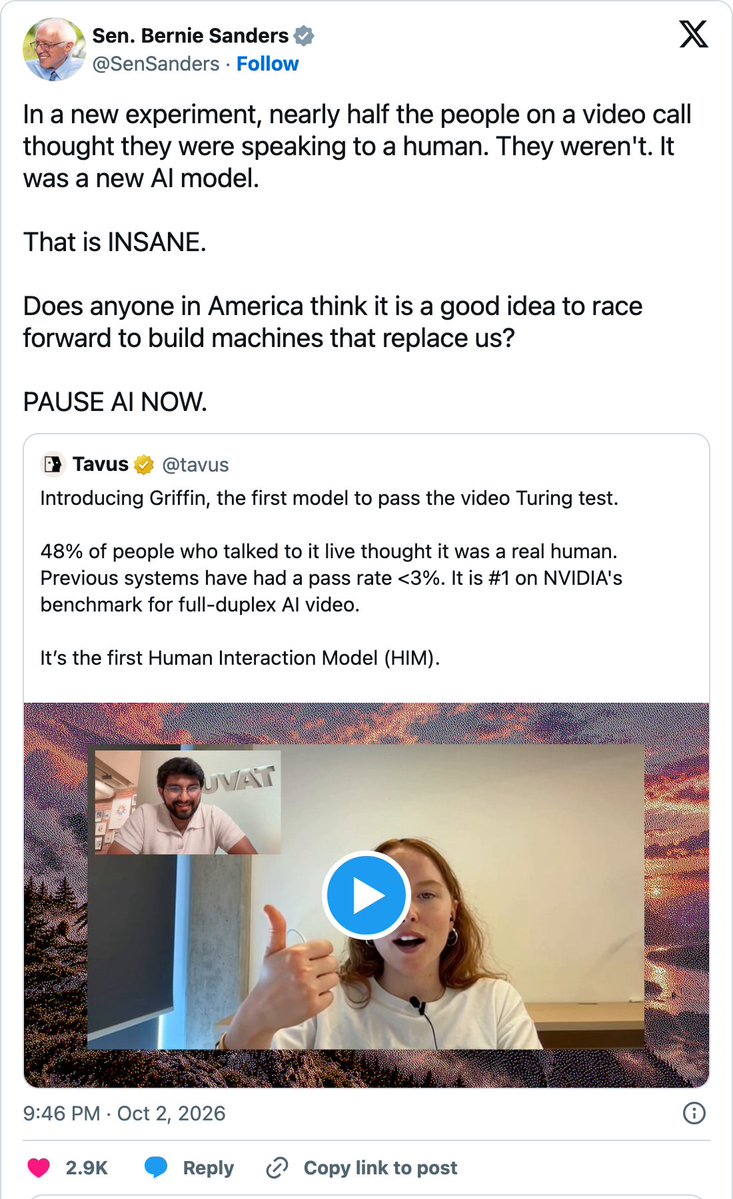 CELE8EX's tweet photo. Bernie Sanders just quote-tweeted a product launch we ran creators for.

Tavus shipped Griffin on Thursday: an AI on a live video call that 48% of people took for a human. Our creators got on calls with it and posted the recordings while the launch post climbed past 19M views.

28 hours later the senate's loudest AI doomer QRTs it to 250k people: "That is INSANE. PAUSE AI NOW."

Nobody paid him. That's the point. A launch goes viral when it gives strangers a reason to argue. Creator seeding only makes sure enough strangers see it on day one.