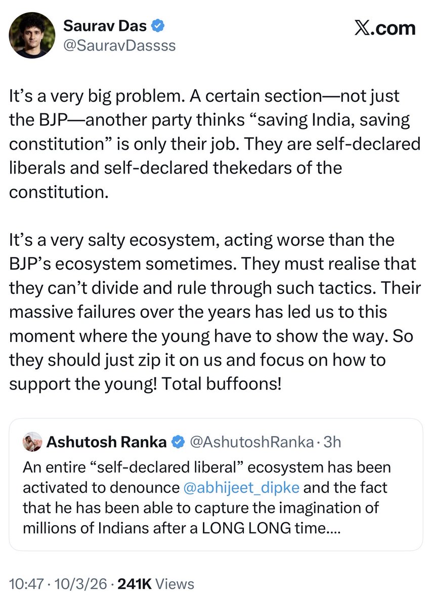 Iyervval's tweet photo. The BJP’s political calculus was right. The more upstarts on the left, the more the anti-BJP vote splits. Assume Rahul’s “chaatron ki goonj” worked, then CJP would split the GenZ vote. You don’t win 3 successive elections without thinking 5 steps ahead. https://t.co/hBA4CGPGLH