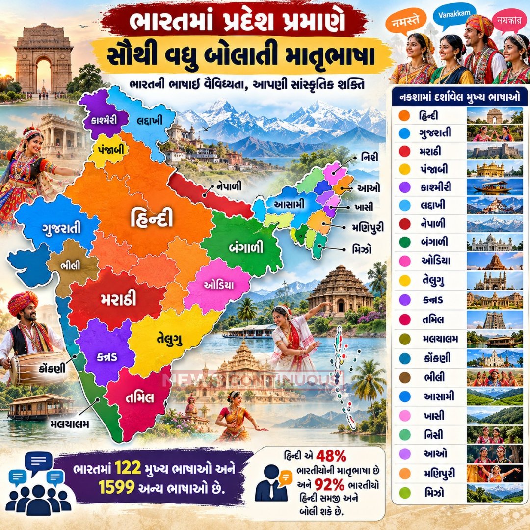 NewsContinuous's tweet photo. ભારતમાં ભાષાઓની વિવિધતા: સૌથી વધુ બોલાતી માતૃભાષા અને હિન્દી ભાષાનું પ્રભુત્વ
#IndianLanguages #HindiLanguage #MotherTongue #LanguageDiversity #IndiaCulture #GujaratiContent #Linguistics #IncredibleIndia https://t.co/kjhdCsm1x0