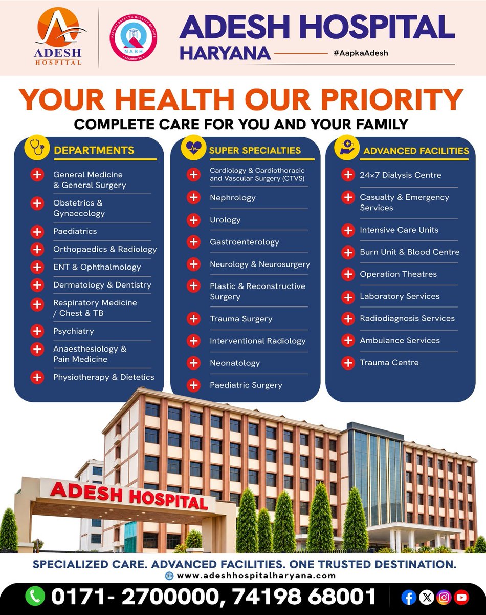 AdeshHospital's tweet photo. Your Health. Our Priority. 🏥💙

📞 Call Now: 0171-2700000 | 74198 68001

📍 Adesh Hospital Haryana
NH-44, Mohri, Shahabad (M), Kurukshetra, Haryana – 136134

#AdeshHospital #AdeshHospitalHaryana #Healthcare #Haryana #Kurukshetra #Shahabad #PatientCare #SuperSpecialityHospital https://t.co/2vcyif3SHo