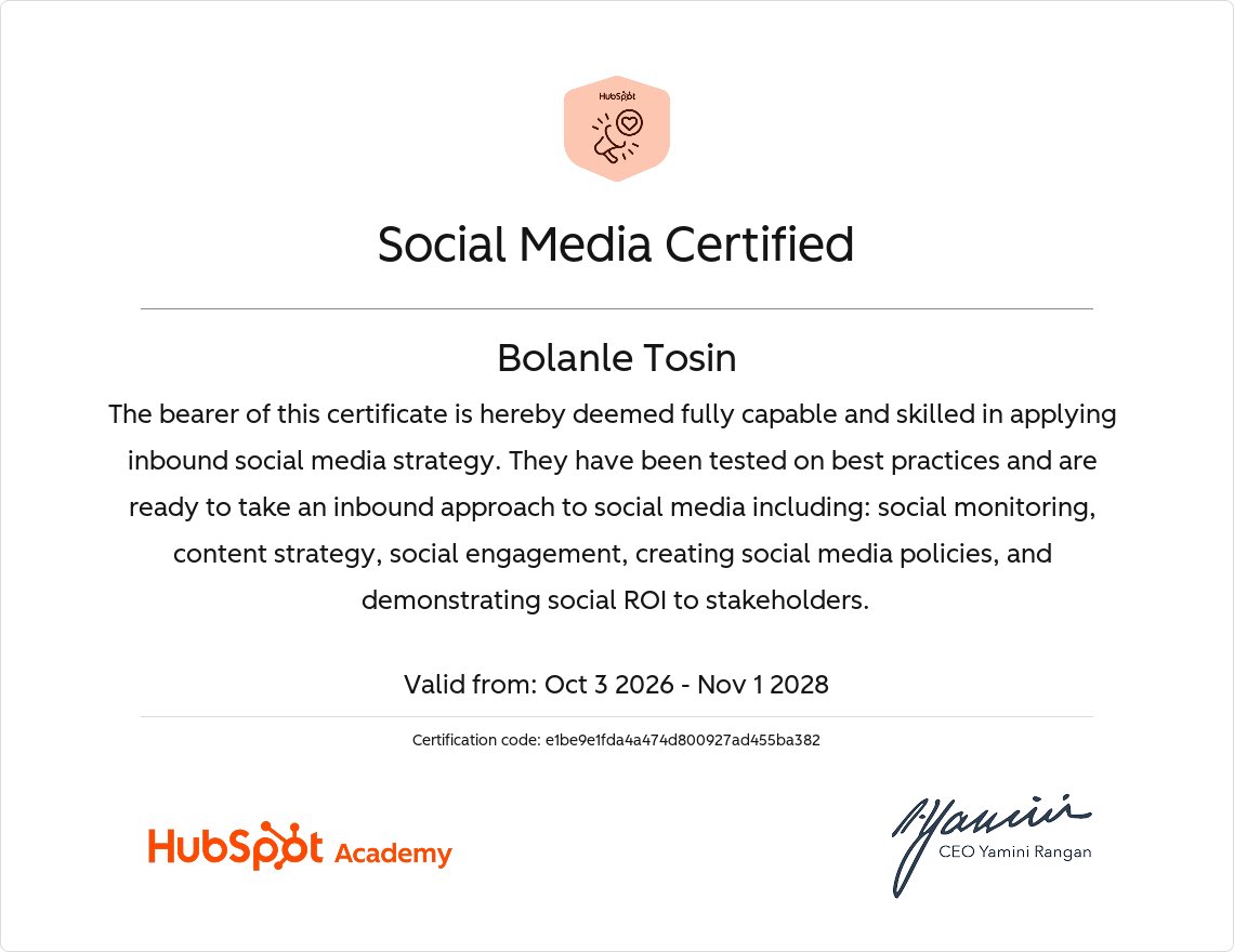 By_bolanle's tweet photo. Another certificate added to the bag 🎓💃🎉

Just completed another HubSpot Academy course. Still learning, still sharpening my skills, still becoming better at what I do. 😌 https://t.co/545JyBZlmc