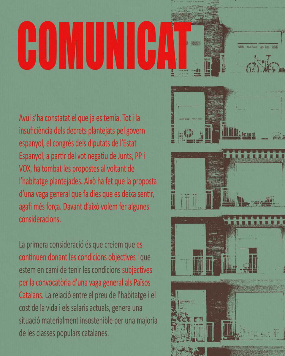 Endavant_OSAN's tweet photo. 📝 COMUNICAT | Cap a una vaga general per un habitatge i un feina dignes

Consideracions d'@Arran_jovent  i @Endavant_OSAN  al voltant de la conjuntura actual i la proposta de vaga general. https://t.co/IVzg4gT4M3