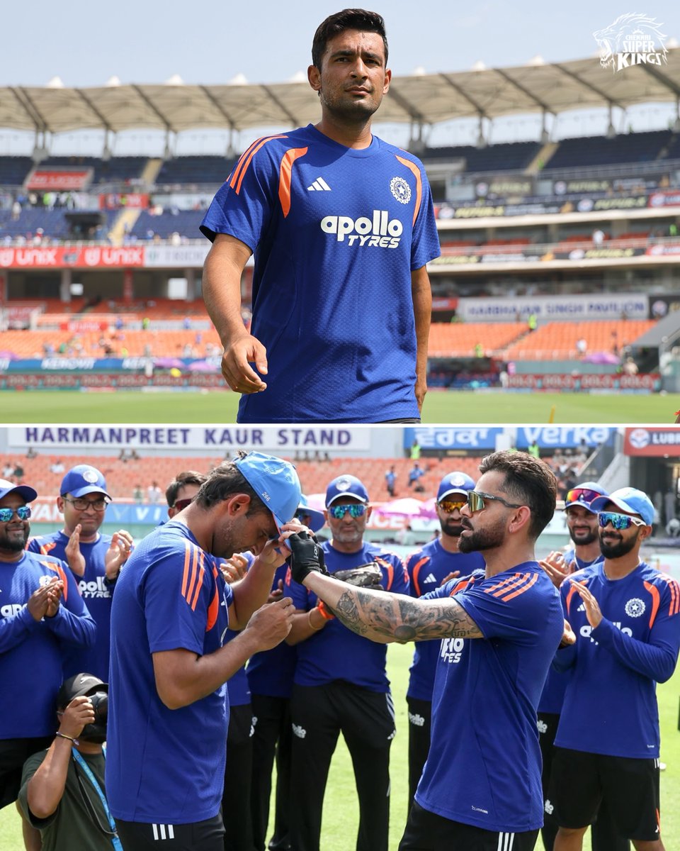 ChennaiIPL's tweet photo. Day 1 of AK in blue 
Couldn’t be prouder! 🥹🇮🇳

#WhistlePodu #INDvWI 
📸 : BCCI https://t.co/BwCEHFRNOp