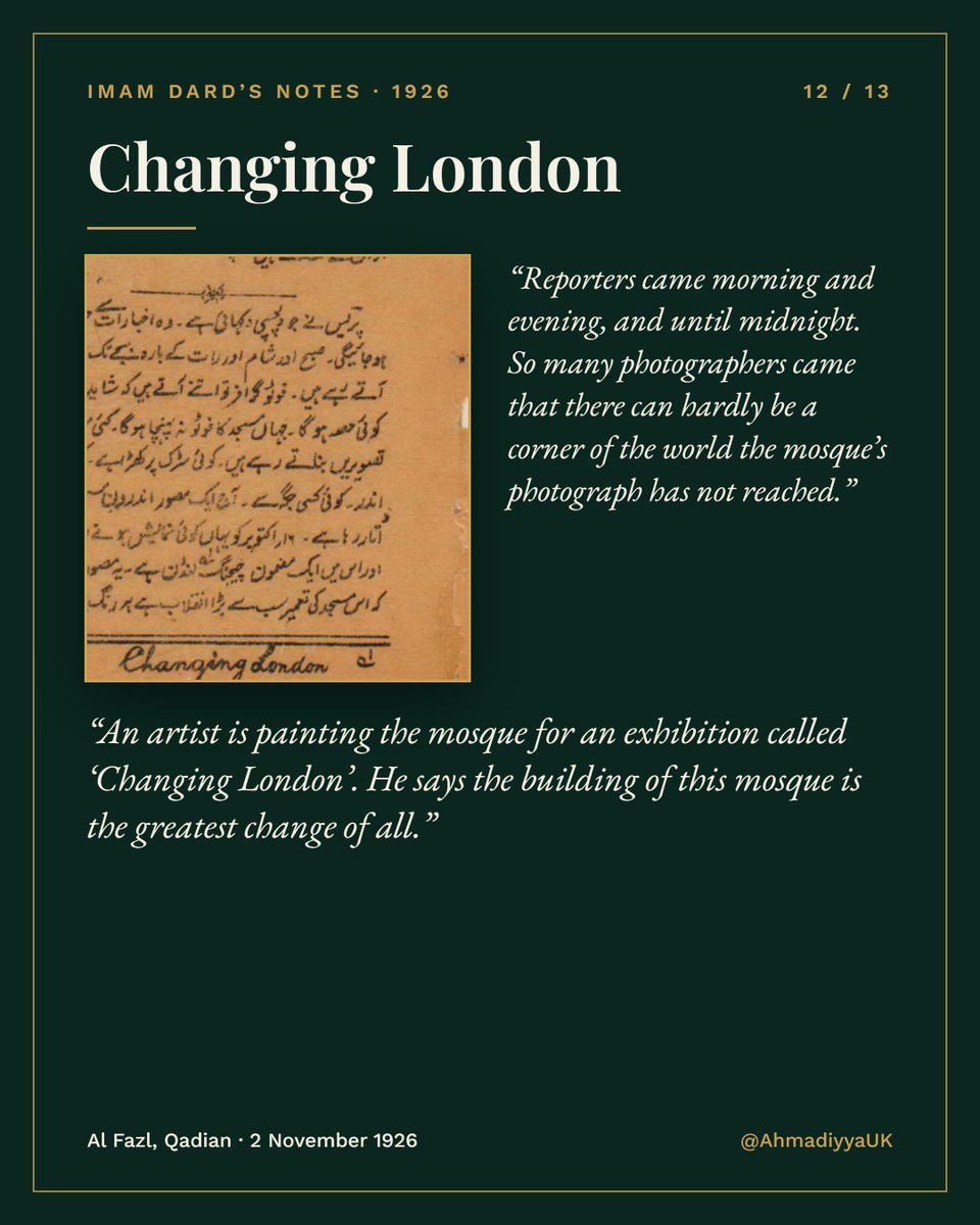 AhmadiyyaUK's tweet photo. "So many photographers came that there can hardly be a corner of the world the mosque’s photograph has not reached." Imam Dard (ra) recorded the global media frenzy surrounding the 1926 opening of the Fazl Mosque. #FazlMosque #Londonsfirstmosque 4/4 https://t.co/sONH2CgMVI