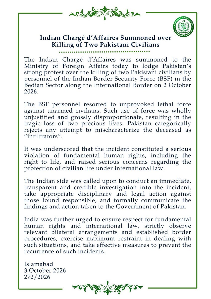 ForeignOfficePk's tweet photo. 🔊PR No.2️⃣7️⃣2️⃣/2️⃣0️⃣2️⃣6️⃣

Indian Chargé d’Affaires Summoned Over Killing of Two Pakistani Civilians 

🔗⬇️ https://t.co/7o9A1UvrLF