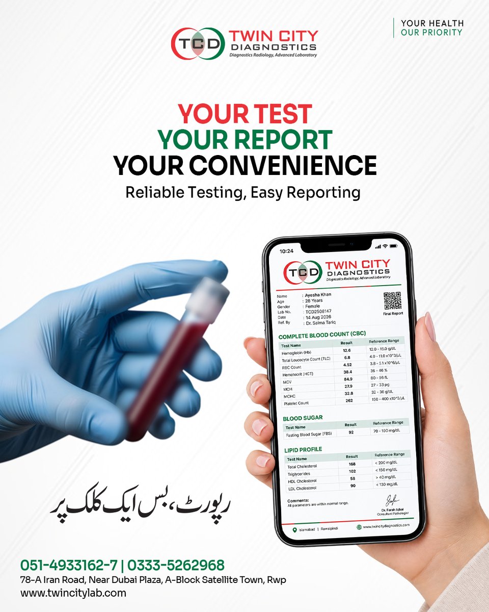 TCDRwp's tweet photo. Get your blood tests at Twin City Diagnostics with professional laboratory support, then access your   reports online with ease
#TwinCityDiagnostics #BloodTests #BloodTesting #OnlineReports #DigitalReports #LaboratoryServices   #LabTesting #DiagnosticCentre #MedicalDiagnostics https://t.co/6P88Opd5uc