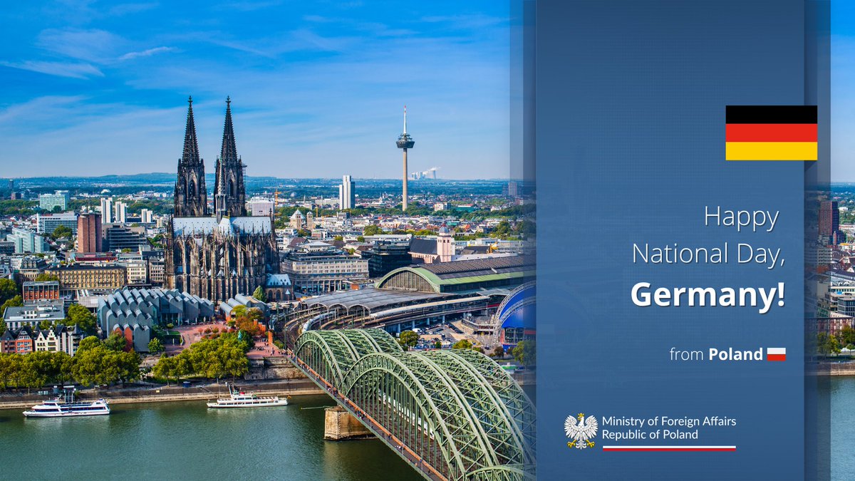 PolandMFA's tweet photo. Warmest wishes from Poland to our German friends and neighbours on the Day of German Unity! 🎉

Alles Gute, Deutschland!

🇵🇱🇩🇪 https://t.co/p0ewXtDJ5F