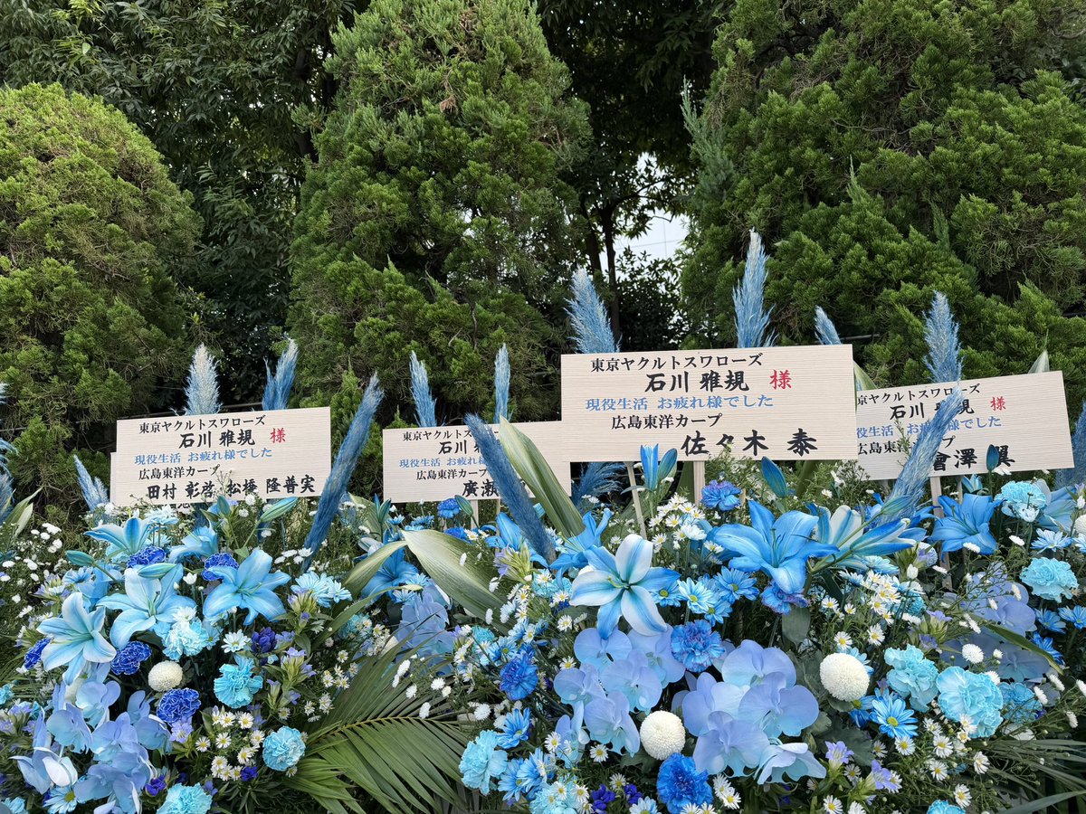 m69taboo's tweet photo. カープからのお花がヤクルトカラーに合わせて青なの素敵だった。柳田選手のお花が存在感を放っていたよ。巨人と渡会選手のお花も https://t.co/dr0gTdDaN9