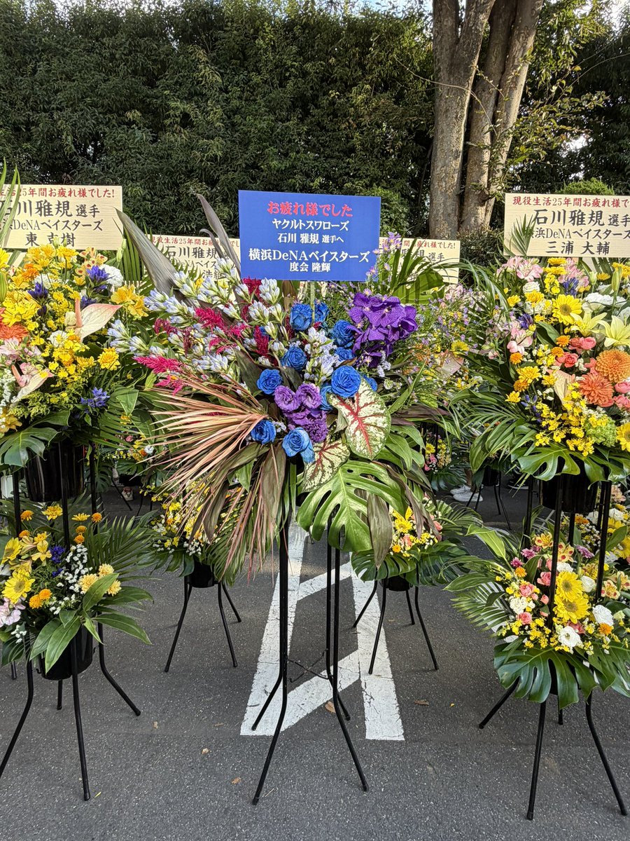 m69taboo's tweet photo. カープからのお花がヤクルトカラーに合わせて青なの素敵だった。柳田選手のお花が存在感を放っていたよ。巨人と渡会選手のお花も https://t.co/dr0gTdDaN9