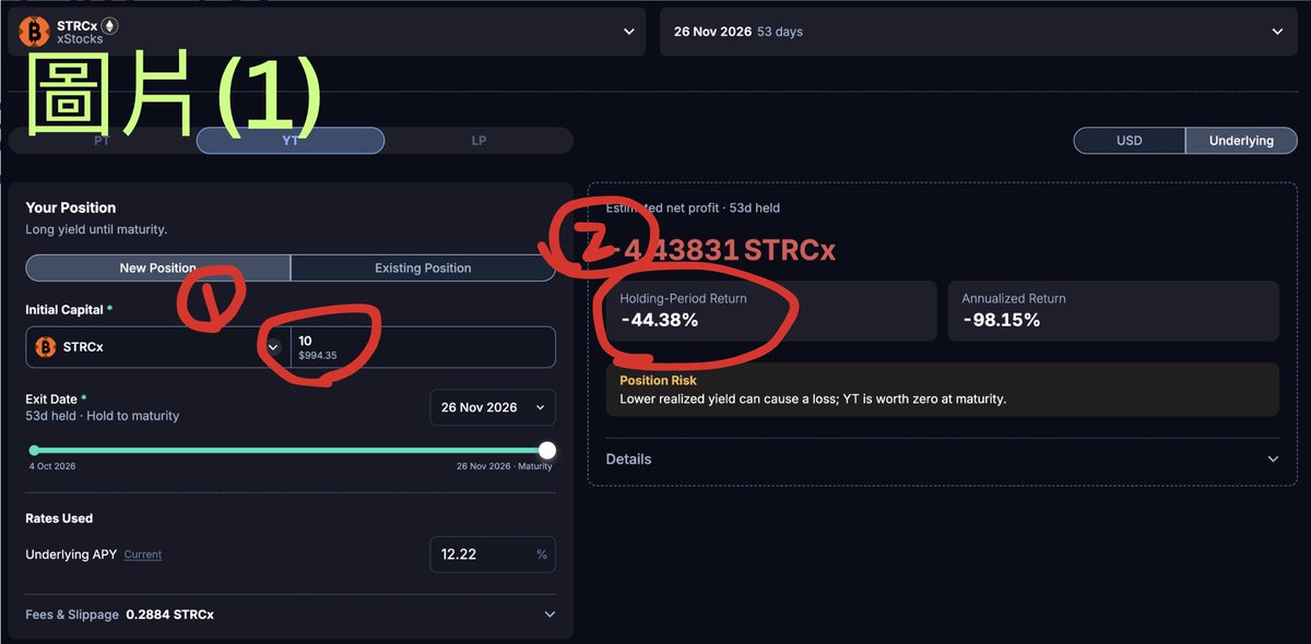NickP_xxx's tweet photo. Xstock YT 值得大家關注關注 ‼️  @xStocksFi @pendle_fi 

計算 YT 積分 vs 空投

圖片(1)

1. 1000u 買 346.27 STRCx YT  (10 STRCx)
2. 每兩週給利息做補償, 因此池子到期只損失 -44.38% 
3. 1000u 實際只付 約 440u

那346.27 STRCx YT 有多少積分 ? (in 53 days 池子到期）

圖片(2)
1. 346.27 STRCx YT = 每天拿 23萬積分 (任務都做)
53天池子到期後積分 = 1200萬 (23萬*53)

接下來設定 TGE 可能空投狀況
2. FDV = 5億美金
3. 空投份額是 3%
4. 假設 12月份 TGE , 總積分 700億
5. 你的積分 / 總積分 = 1200萬 / 700億 

✅ 你可以分到 $2,571

----

看到了嗎 !? 

你只付 $440 , 潛在空投機會 $2,571

✅ 是 6倍 的 upside

----

風險點

1. TGE 往後延, 且積分稀釋更大
2. FDV 不到 5億美金
3. 空投份額 不到 3% or 鎖倉

以上是風險點, 但是賠率很好 😌

✅ 還有一個重點：
 YT 越早買越好, 因為每天有轉盤來加成積分