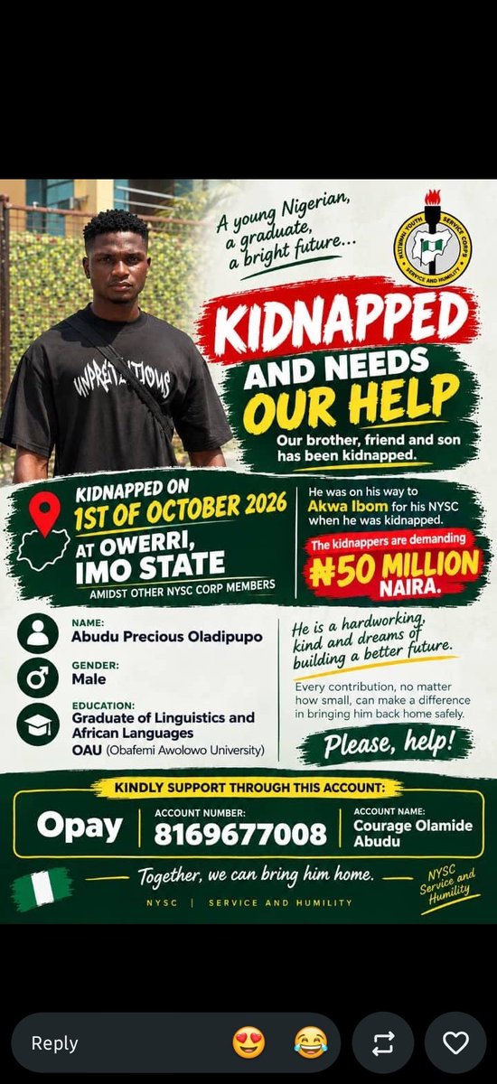 datrip01's tweet photo. Please, let this story not go silent. My cousin is still among the abducted NYSC corps members. We are desperately hoping for their safe return.

#NYSC #ImoState #RescueOurCorpsMembers
#Nigeria https://t.co/IOrvYENe6u