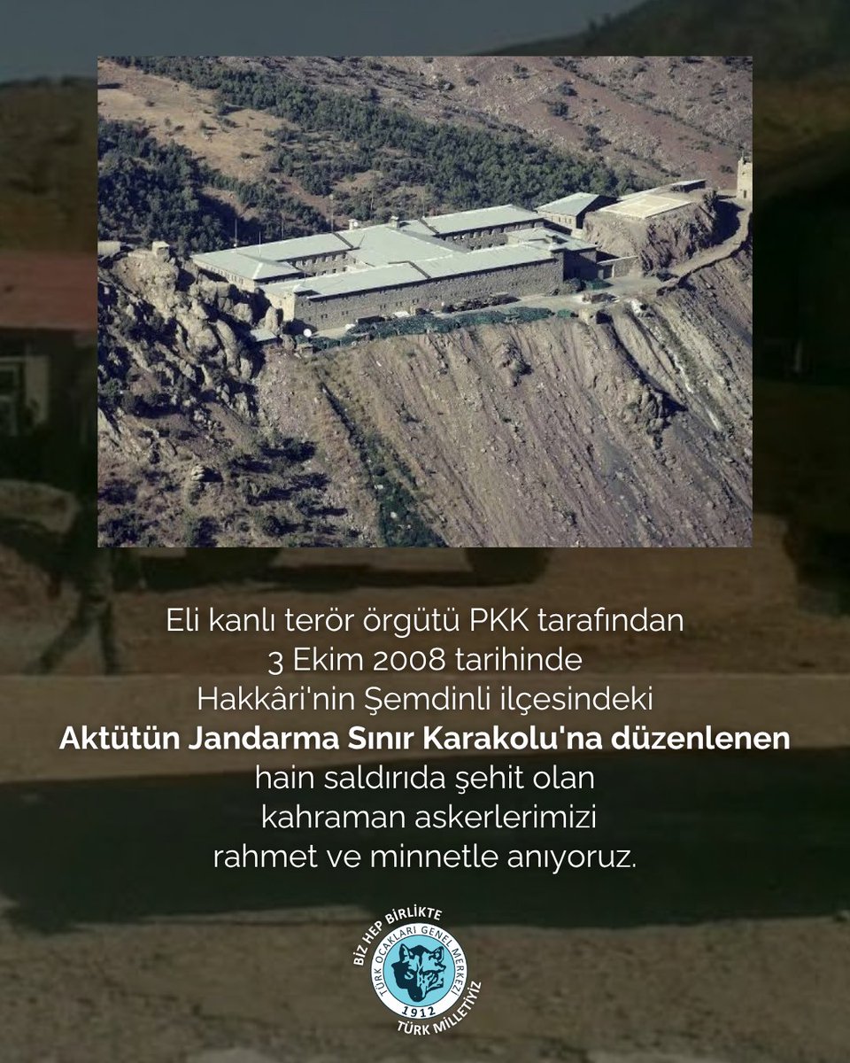 turkocaklari's tweet photo. Eli kanlı terör örgütü Pkk tarafından 3 Ekim 2008 tarihinde Hakkâri'nin Şemdinli ilçesindeki Aktütün Jandarma Sınır Karakolu'na düzenlenen hain saldırıda şehit olan kahraman askerlerimizi rahmet ve minnetle anıyoruz. https://t.co/dRl1fgWwRG
