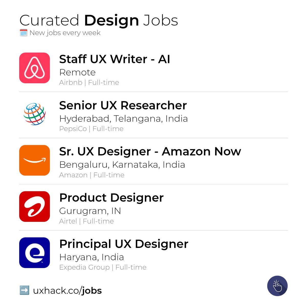 uxhack_co's tweet photo. Curated Design jobs for this week
More details and 213+ jobs at https://t.co/y6Um4p3rVr

Staff UX Writer - AI
Airbnb
Remote

Senior UX Researcher
PepsiCo
Hyderabad

Sr. UX Designe
Amazon
Bengaluru

Product Designer
Airtel
Gurugram

Principal UX Designer
Expedia Group
Haryana https://t.co/sFgPxSexva