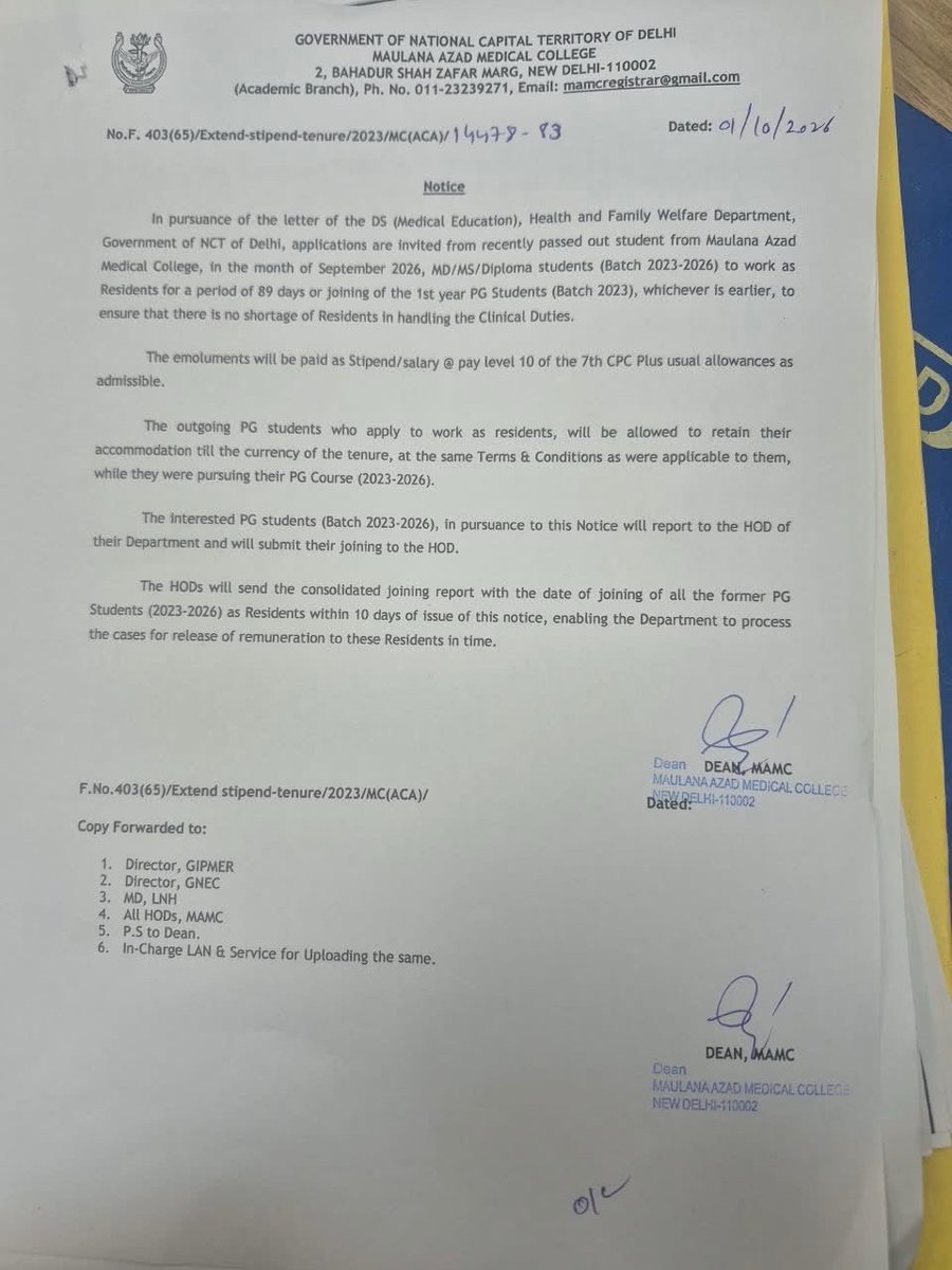 FordaIndia's tweet photo. After FORDA's request to DGHS,Delhi :

MAMC has allowed outgoing PG residents (2023 - 26) to voluntarily continue for up to 89 days/until new PGs join, with Pay Level - 10 remuneration &amp; accommodation.

@ANI @PTI_News @ians_india https://t.co/62VdtI5TwP