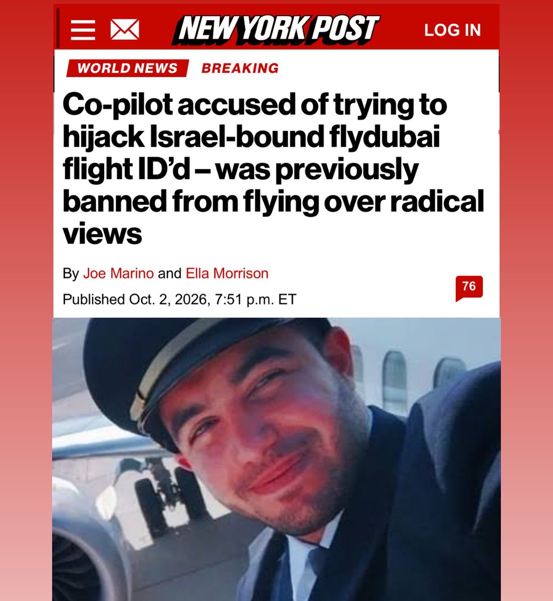 LizaRosen0000's tweet photo. Hamam Alhamami, the Omani co-pilot, stabbed Indian pilot Captain Smit Machchhar and tried to carry out a 9/11-style attack by hijacking the flight to Tel Aviv. He had known ties to jihadists in Syria.

Share this warning: the West and all civilized nations must tackle the jihad threat. Islamophobia is not the threat the West faces. Islamic terrorism is.

Stop the gaslighting and censorship! Please share and follow.