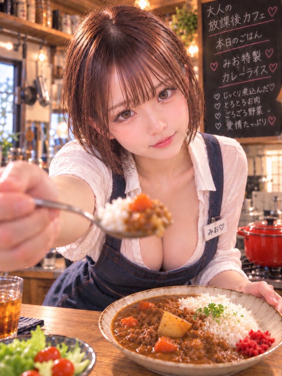 houkago_cafe's tweet photo. 🍛今日の放課後ごはん
みお特製カレー♡

べ、別にあなたに食べてほしくて
作ったわけじゃないからね
……でも、せっかく来たんだから
一口くらい食べさせてあげる🥄

はい、あーん♡

おいしいって言わないと怒るから😗
#AI美女 #AIart https://t.co/ew0v3wPtSI