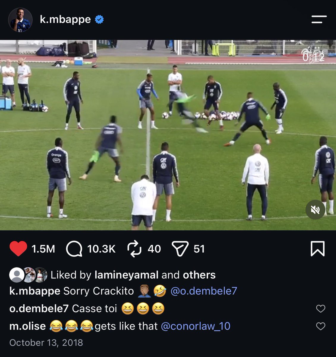 Kylian's tweet photo. Olise tagged his friend in an old Mbappé post, saying he does him like Mbappé did Dembélé by making him touch grass during rondo 😭 https://t.co/dGUKMQcuu8