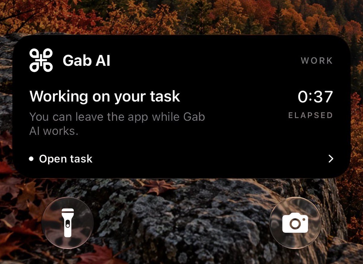 Gab__AI's tweet photo. Huge Gab AI iOS update just dropped
-New iOS widget
-Push notifications for Work tasks
-Live activity for Work tasks
-Performance and speed improvements 

Get it here: https://t.co/F3Y238MFcI https://t.co/zAOFIH5wQw