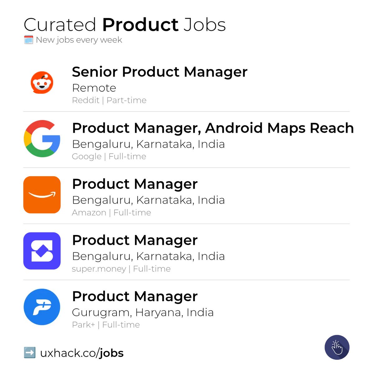 uxhack_co's tweet photo. Curated Product jobs for this week
More details and 285+ jobs at https://t.co/WmXyCAjx6A

Senior Product Manager
Reddit
Remote

Product Manager
Google
Bengaluru

Product Manager
Amazon
Bengaluru

Product Manager
https://t.co/iOoYTMEl93
Bengaluru

Product Manager
Park+
Gurugram https://t.co/SfmmTjJDNq