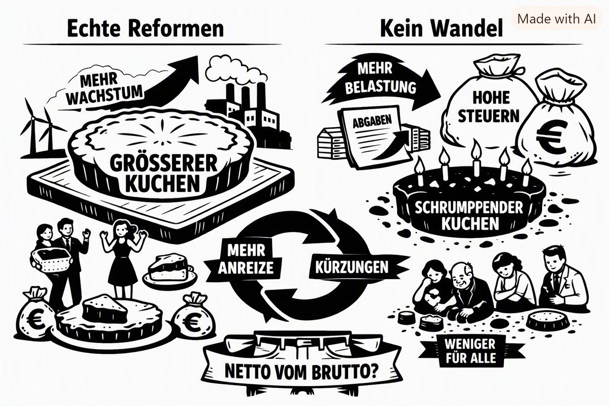 StefanKooths's tweet photo. Reformen = Kürzungen? In gewisser Weise stimmt das. Echte #Reformen lassen die Illusion platzen, jeder könne auf Kosten aller leben. Keine Reformen bzw. mehr „solidarische Finanzierung“ führen indes ebenfalls zu Kürzungen, und zwar über höhere Abgaben (= weniger Netto vom Brutto). Unterschied: Ein gestraffter Staat (= weniger linke Tasche/rechte Tasche) schafft #Anreize für mehr ökonomische Aktivität, ein „Weiter so“ schmälert sie. Echte Reformen lassen den Kuchen größer werden, der andernfalls immer kleiner wird.