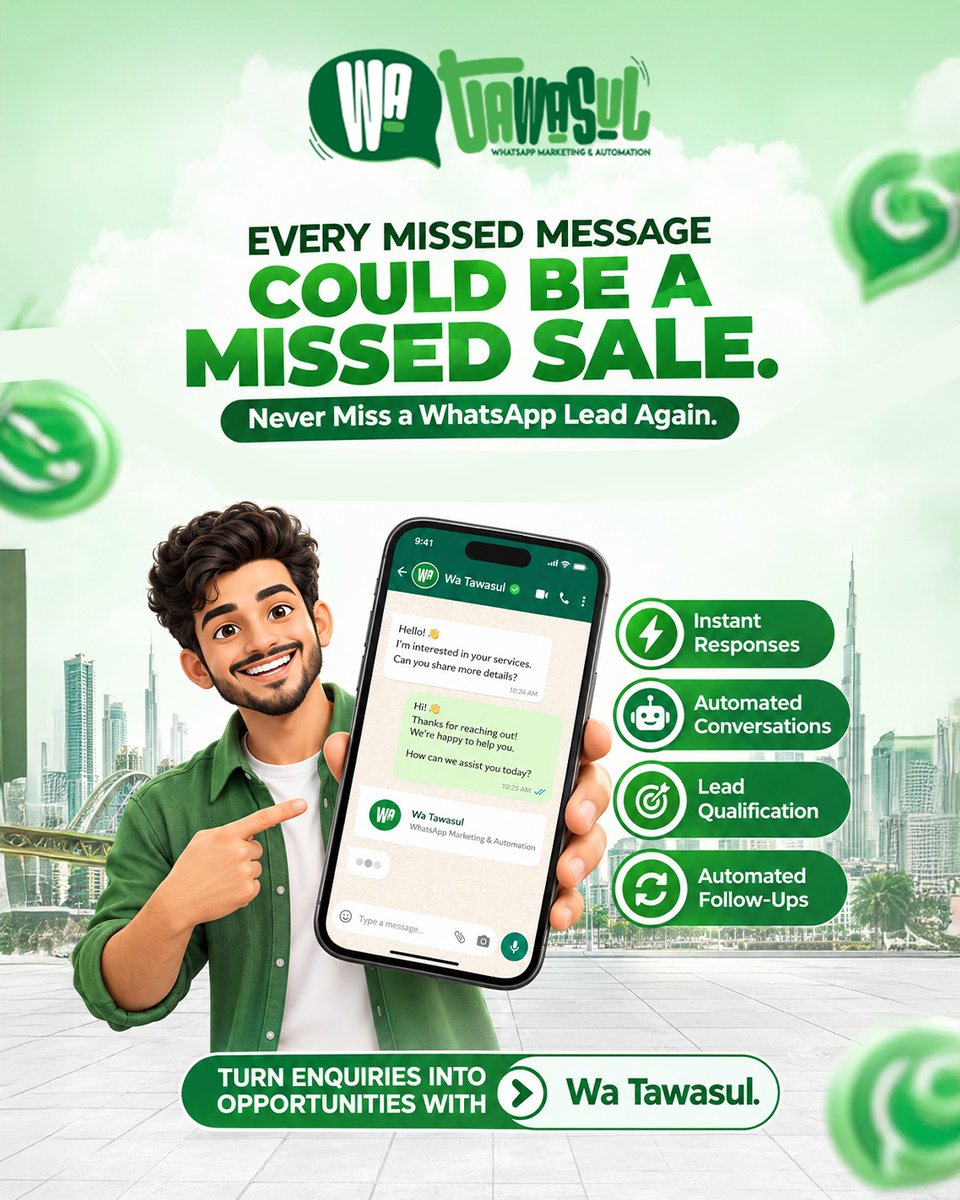 creativeiinc's tweet photo. Every missed message could be a missed sale. 💬

With Wa Tawasul, automate instant replies, lead qualification &amp; follow-ups—24/7. Turn WhatsApp enquiries into business opportunities. 🚀

🌐 https://t.co/iD3yziy5TS
📞 +971 55 869 4287

#WhatsAppAutomation #WaTawasul #AIChatbot https://t.co/7p8947ZCtH