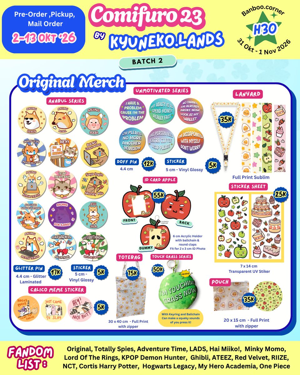 kyah_haha's tweet photo. 🔁&amp;💗 appreciated!
#CF23 PO, OTS &amp; GA is open!

🎁GIVEAWAY BELOW🎁

🔗Link Pre Order : https://t.co/DTdKVbDrJN

Original, Adventure Time, KPDH, MHA BNHA, Totally Spies, Ghibli, Hai Miiko, ATEEZ, Red Velvet, AESPA, LADS, Hogwarts Legacy, Harry Potter, Cortis, LOTR, Minky Momo
[2/2 https://t.co/BFu97gCdQp