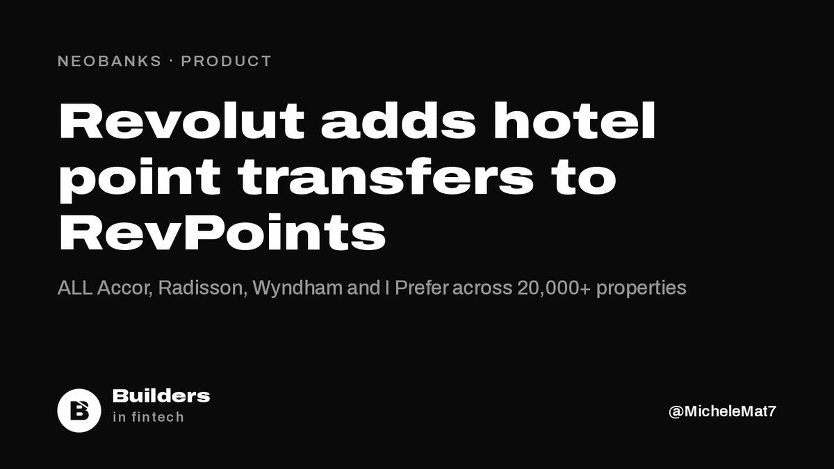 buildersfintech's tweet photo. Revolut now lets customers transfer RevPoints instantly to hotel loyalty programmes: ALL Accor, Radisson, Wyndham and I Prefer, across 20,000+ properties, at no extra cost.

Points also go to airline miles, lounges and eSIM data. Revolut Stays earns up to 10x points. https://t.co/akondwJwoi