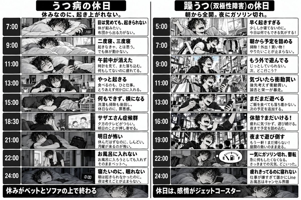 yoshi_majime's tweet photo. 「うつ病の休日」と「躁うつ（双極性障害）の休日」ってこんな違う。 https://t.co/YqDpHo7ZJV