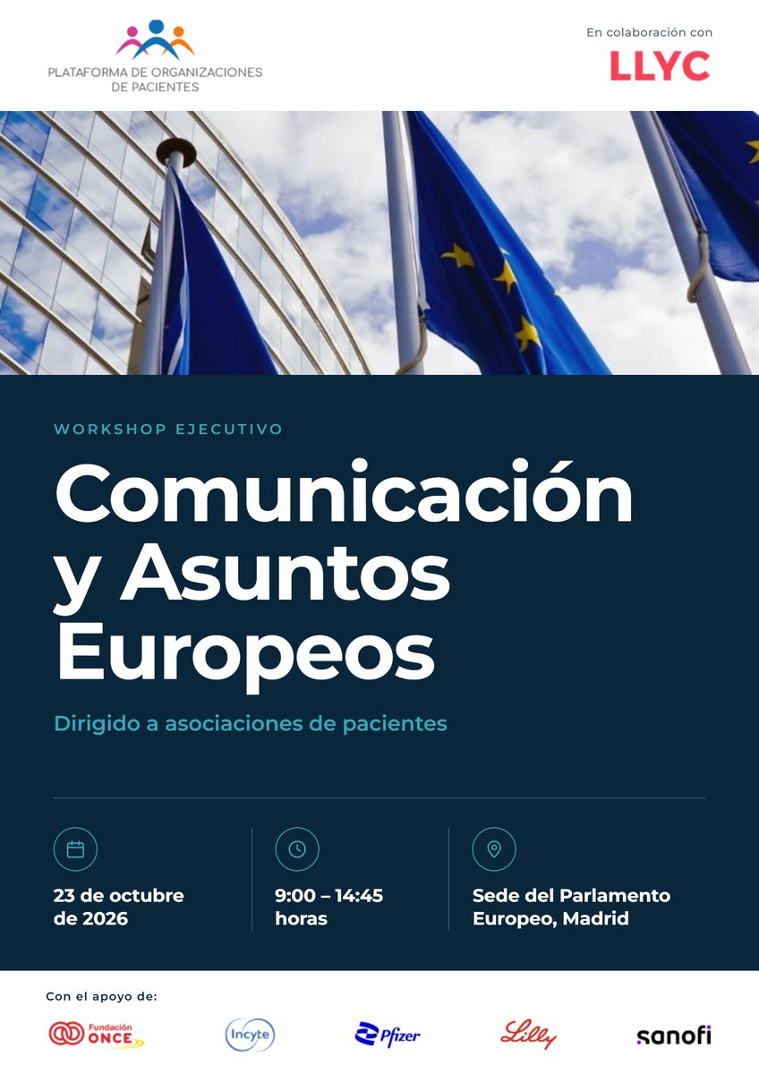 pacientesPOP's tweet photo. 📣 Nueva edición del Workshop ejecutivo POP – @LLYC_Global  'Comunicación y Asuntos Europeos'

🗓️El próximo 23 de octubre
⌚️9:00 a 14:45 h, 
📍Sede del Parlamento Europeo en Madrid

‼️Las plazas son limitadas

✍️Inscríbete en el formulario👇
https://t.co/aTZTuY2uQl https://t.co/BwUTejNoPR